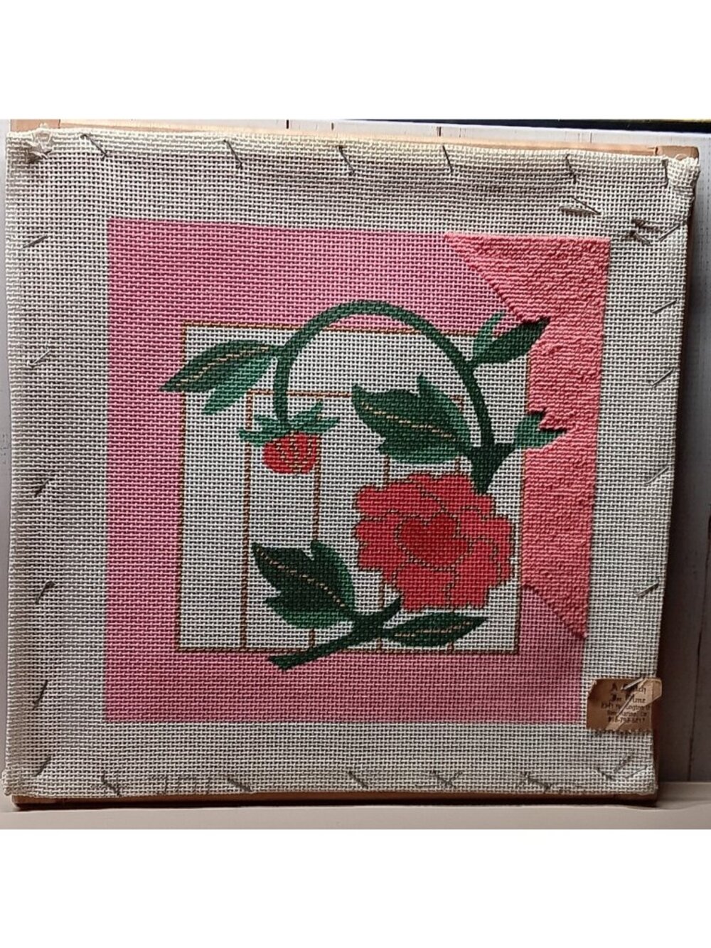 Floral Needlepoint on Painted Canvas Stretched on wood frame 11"
